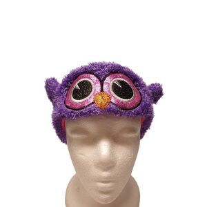 Girls Winter Fleece Ear Warmer Headband Purple Owl Eyes Plush Headband